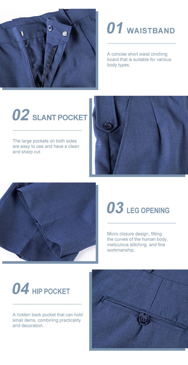 Detailed infographic of four uniform trouser features: concise waistband, large slant pocket, finished leg opening, and hidden hip pocket.