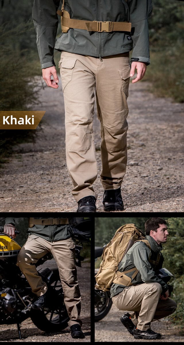 A man wearing the custom ripstop IX7 tactical pants in Khaki for outdoor and everyday carry (EDC) use.