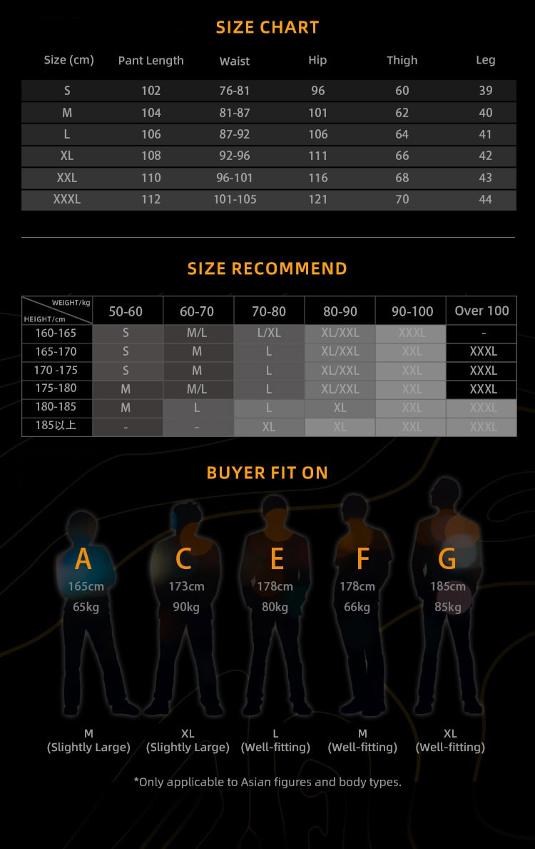 Full size recommendation chart with measurements for the custom ripstop IX7 tactical pants.
