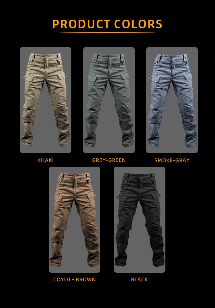 Color options for the custom ripstop IX7 tactical pants, including Khaki, Grey-Green, Smoke-Gray, Coyote Brown, and Black.