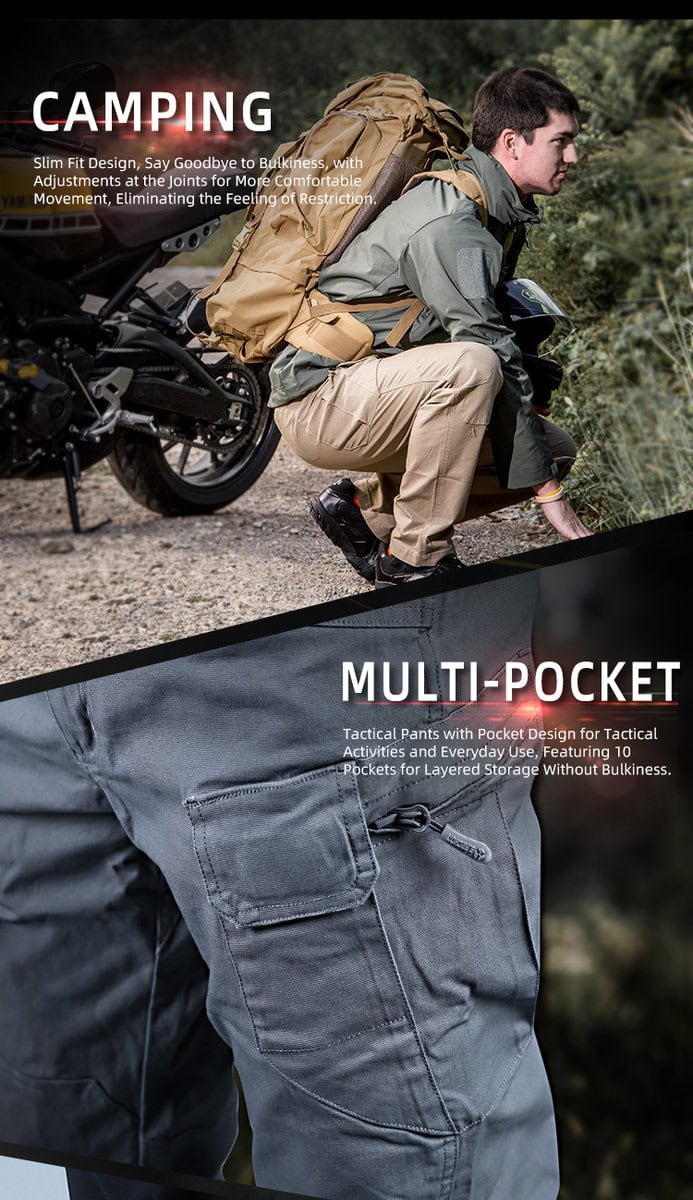 Infographic showing a man camping and a close-up of the multi-pocket design on the custom ripstop IX7 tactical pants.