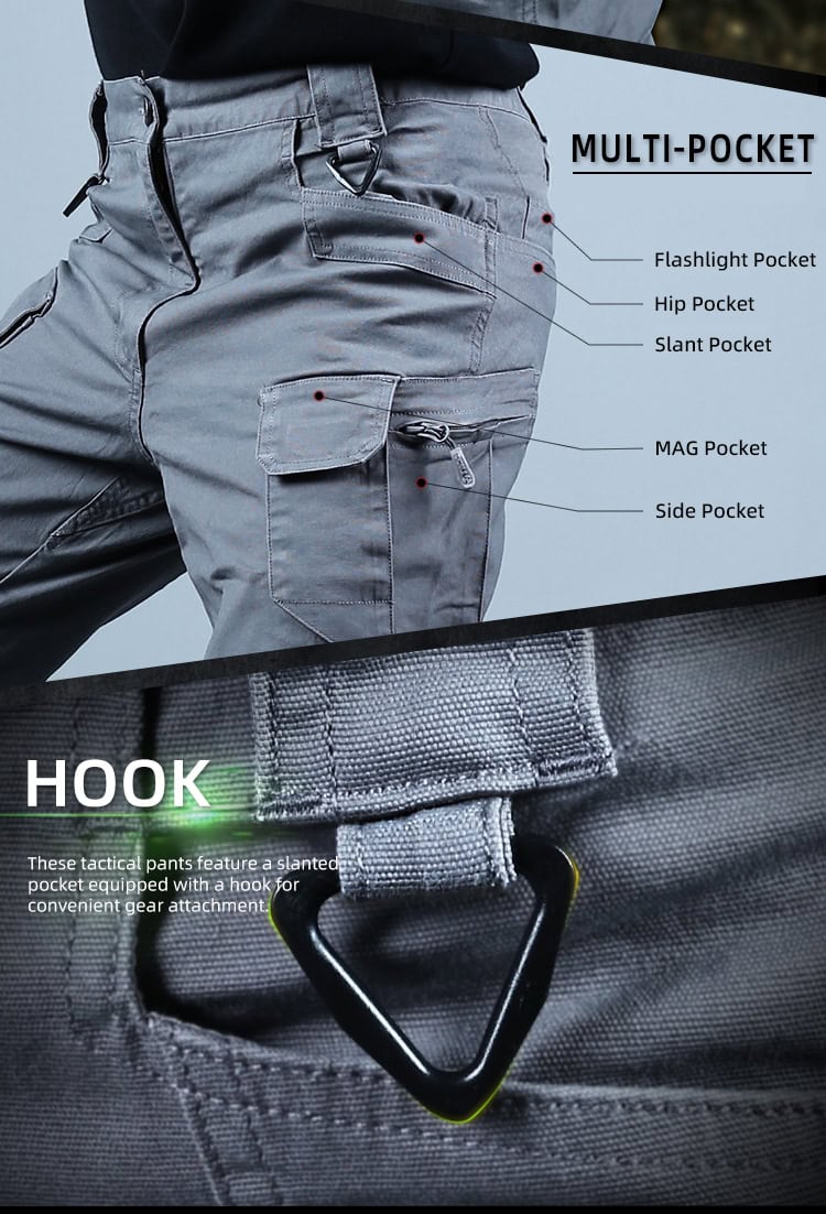 Infographic detailing the multi-pocket layout and D-ring hook on the custom ripstop IX7 tactical pants.