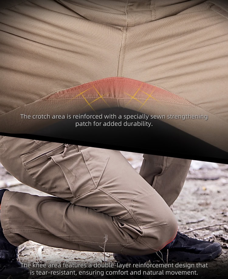 Infographic highlighting the reinforced, gusseted crotch design of the custom ripstop IX7 tactical pants for durability.