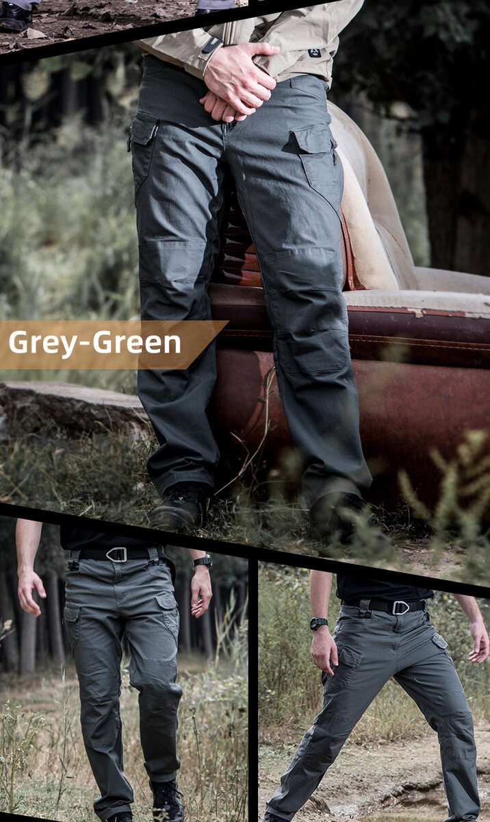 A man wearing the custom ripstop IX7 tactical pants in Grey Green in various outdoor and tactical scenarios.