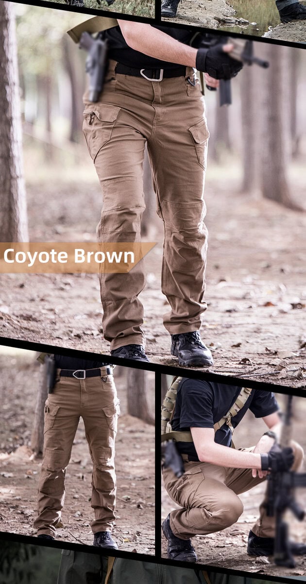 A man wearing the custom ripstop IX7 tactical pants in Coyote Brown in a tactical training environment.