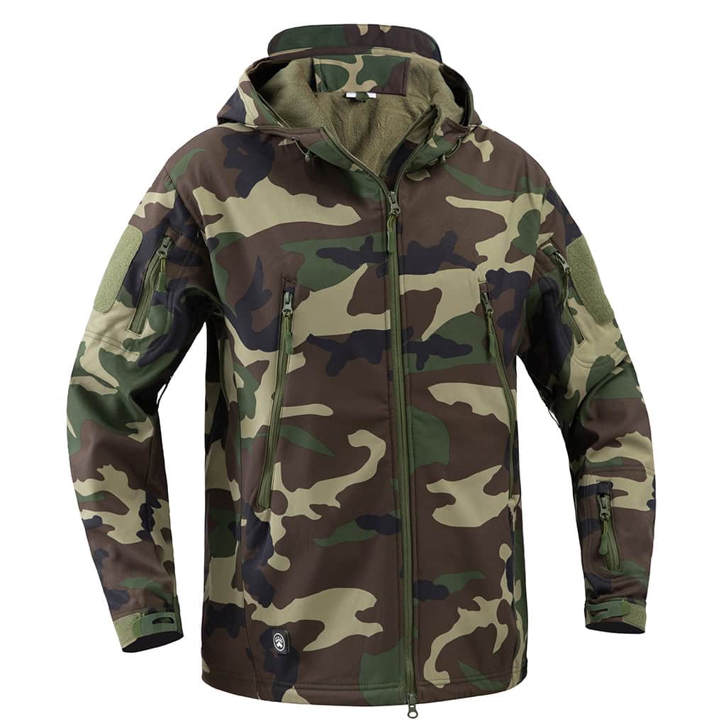 Front view of the custom woodland camo softshell jacket with a hood, velcro arm panels, and multiple zippered pockets.