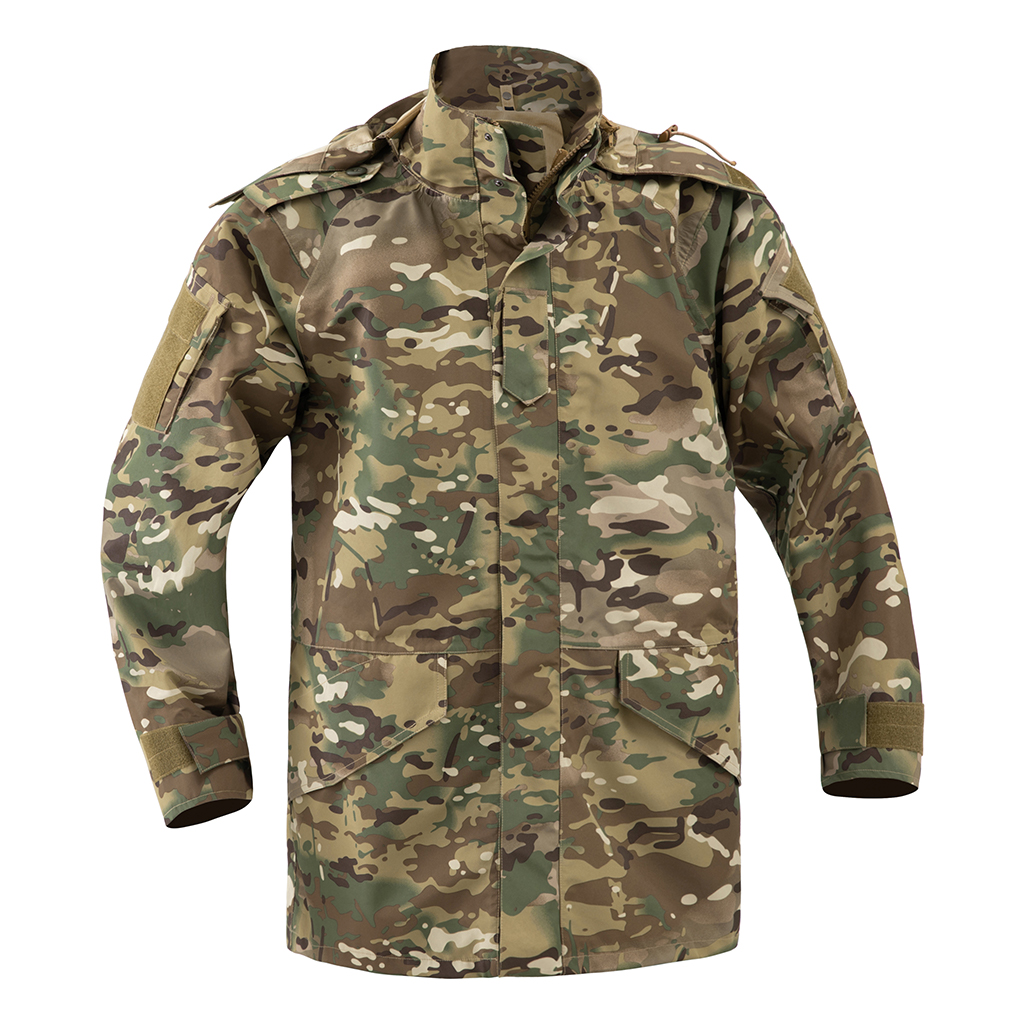 Front view of the custom CP camo M65 style parka jacket with a large hood and multiple pockets.