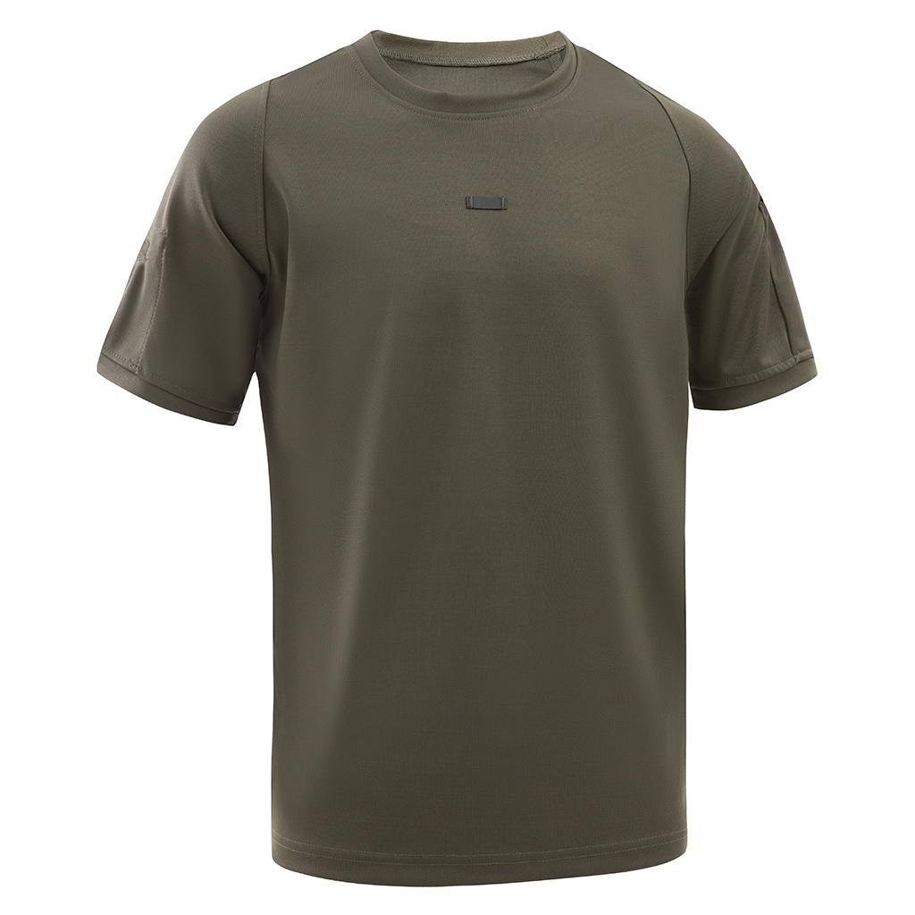 Front view of the custom olive green tactical t-shirt with zippered arm pockets and a sunglasses loop.