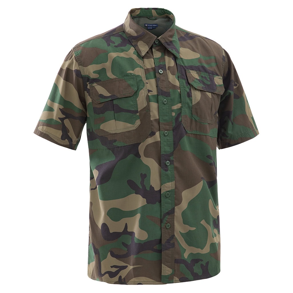 Front view of the custom woodland camo short sleeve BDU shirt with two chest pockets and a button front.
