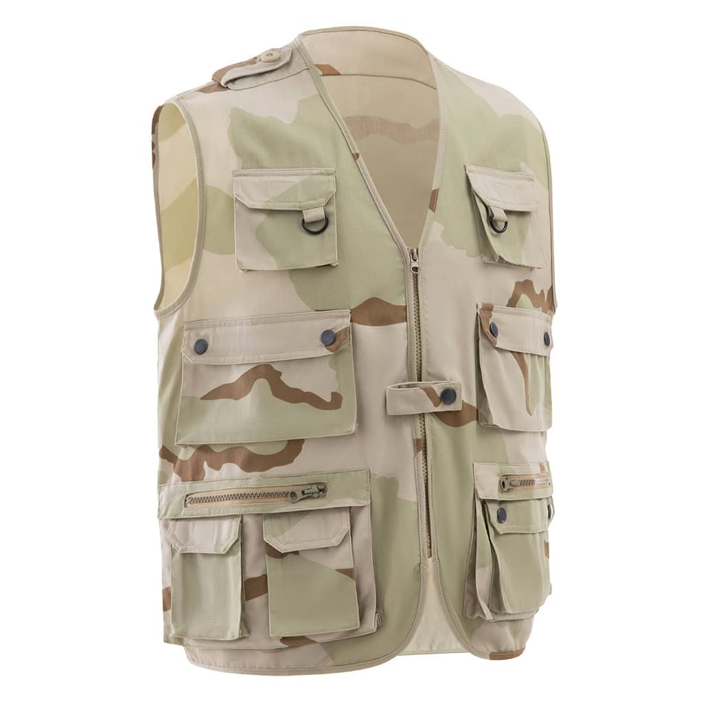 Front view of the custom tri-color desert tactical vest with multiple utility pockets and a full zipper closure.