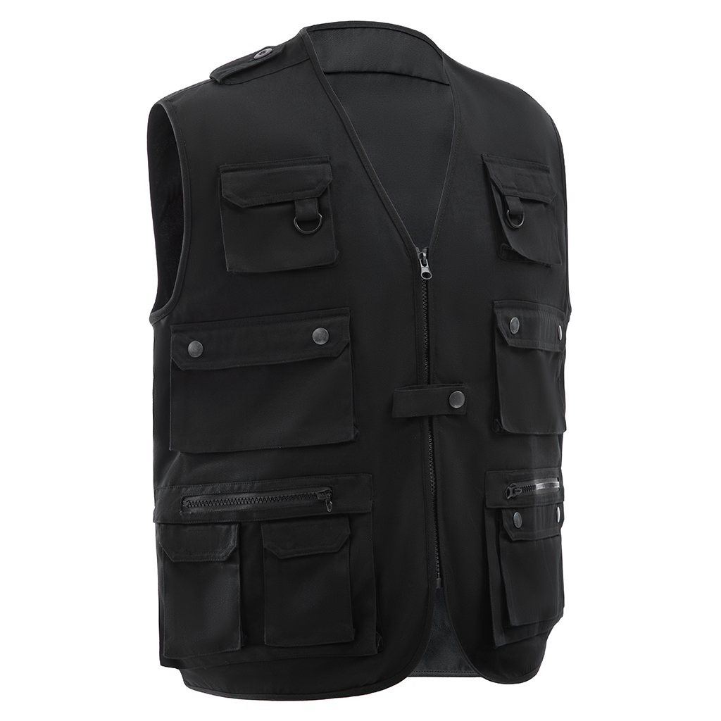 Front view of the custom black multi-pocket tactical vest with a full zipper closure and multiple utility pockets.