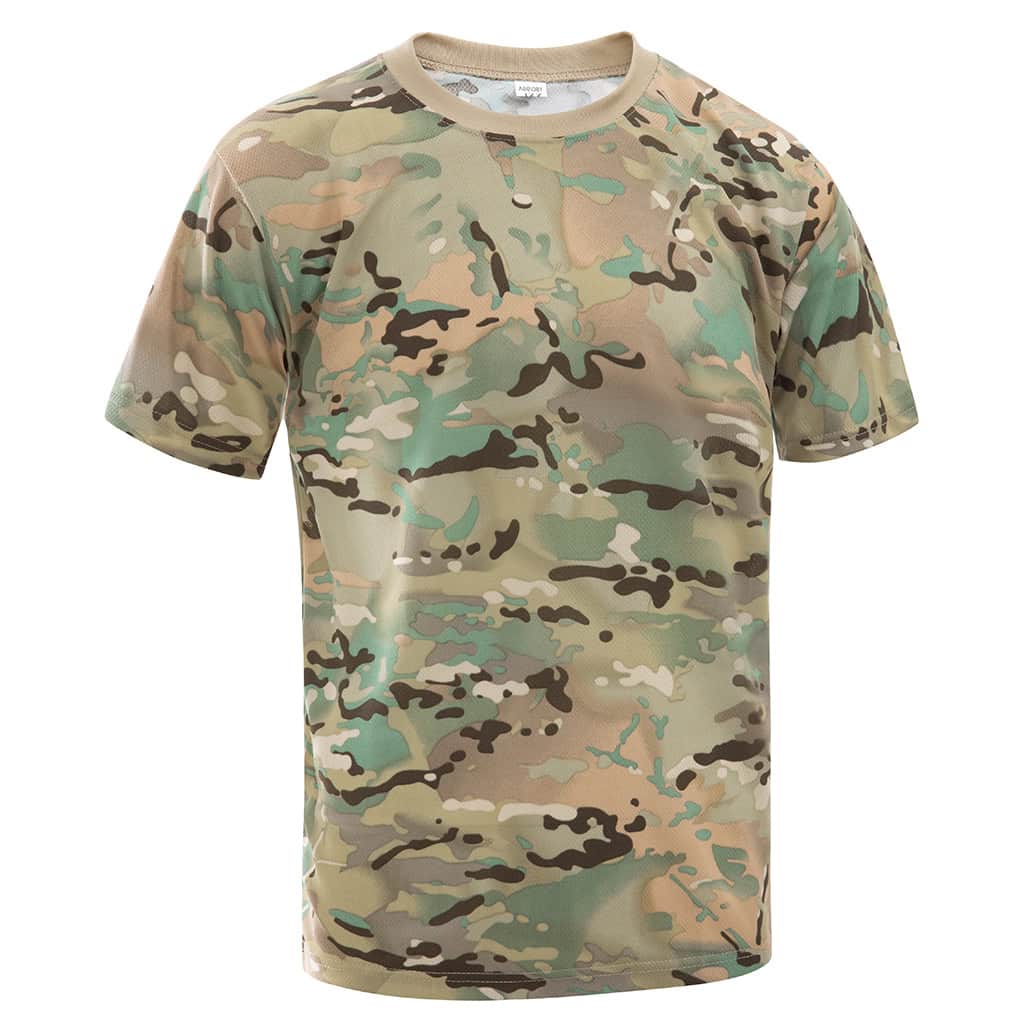 Front view of the custom CP camo quick-dry t-shirt with a Henley-style button placket.