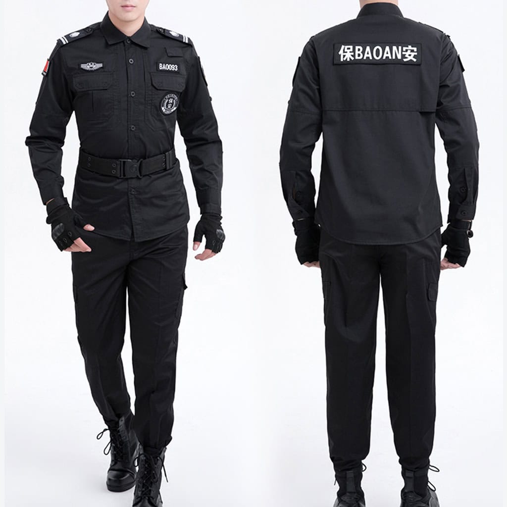 Front and back view of a security guard wearing the custom black long sleeve security guard uniform.