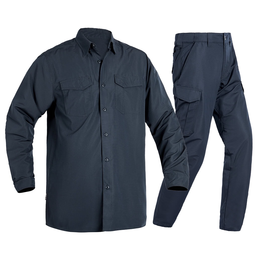 Front view of the complete custom navy blue waterproof work uniform set, featuring the long sleeve duty shirt and matching tactical pants.