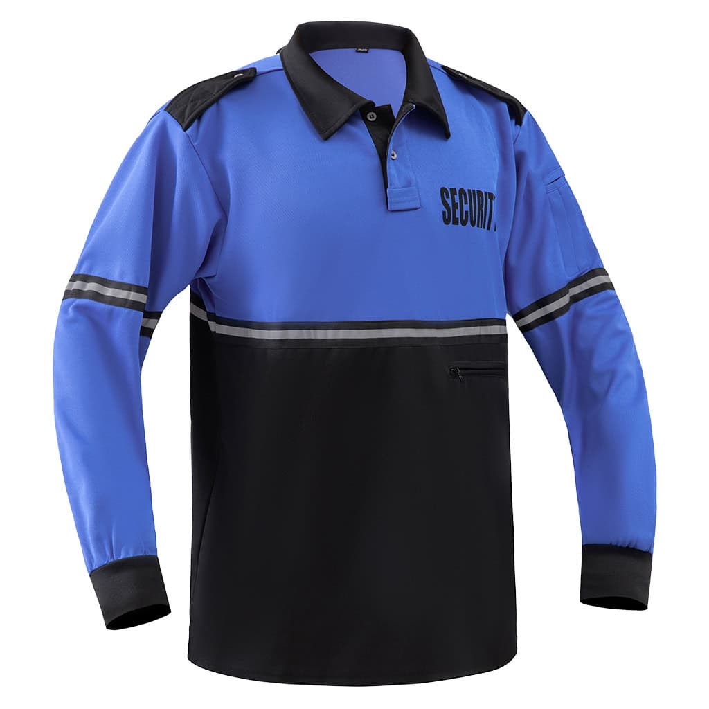 Front view of the custom long sleeve security polo shirt in blue and black with reflective stripes and "SECURITY" printed on the chest.