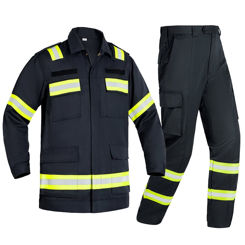 Front view of the complete custom flame resistant firefighter uniform in dark blue, featuring the duty jacket and matching trousers with high-visibility reflective stripes.