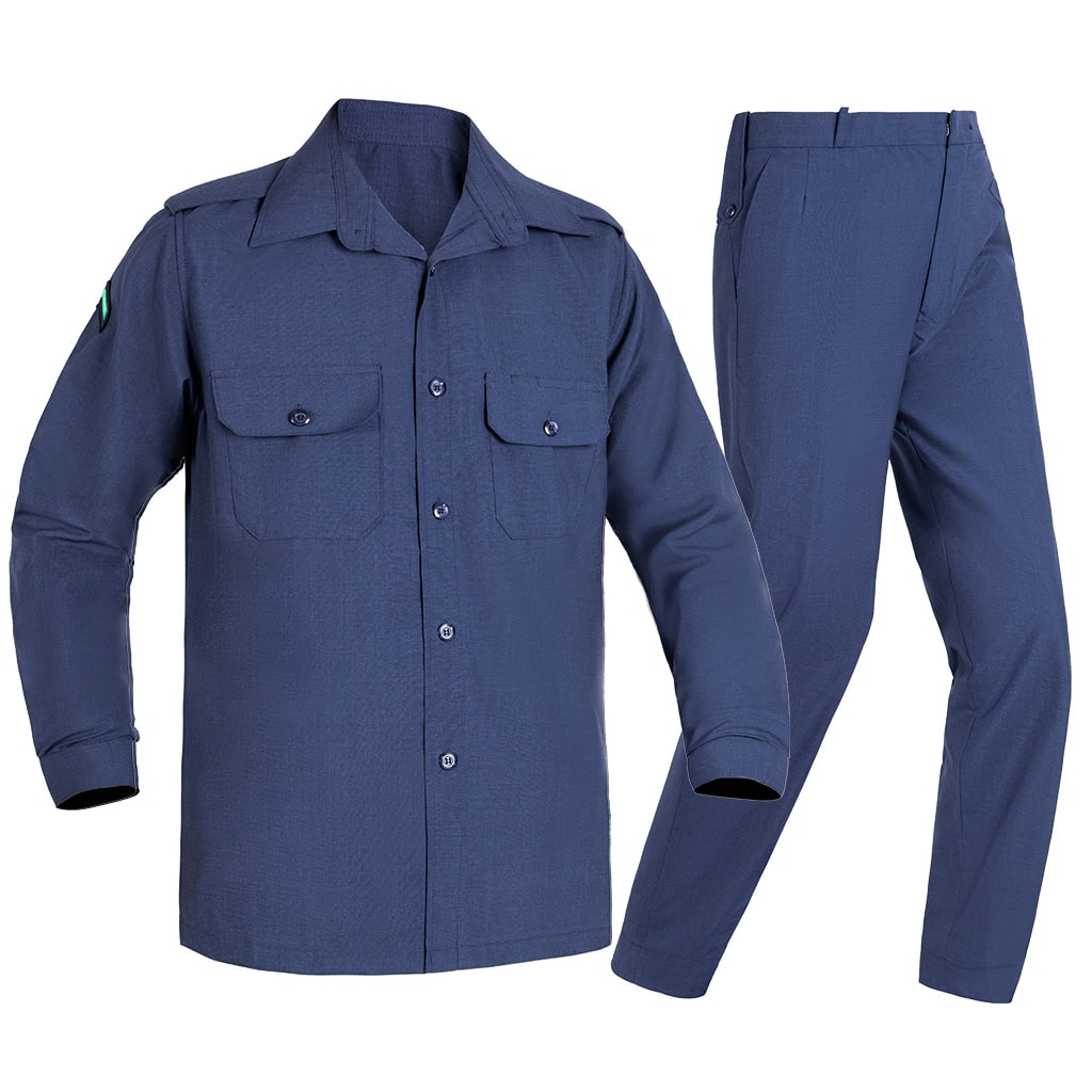 Front view of the complete custom navy wool blend uniform for Libya, featuring the long sleeve service shirt and formal trousers.