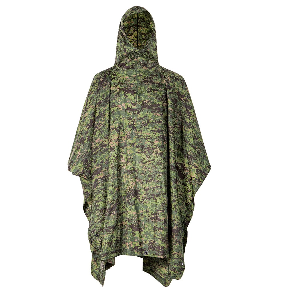 ack view of the custom Philippine jungle camo military poncho, showing the full coverage design and protective hood.