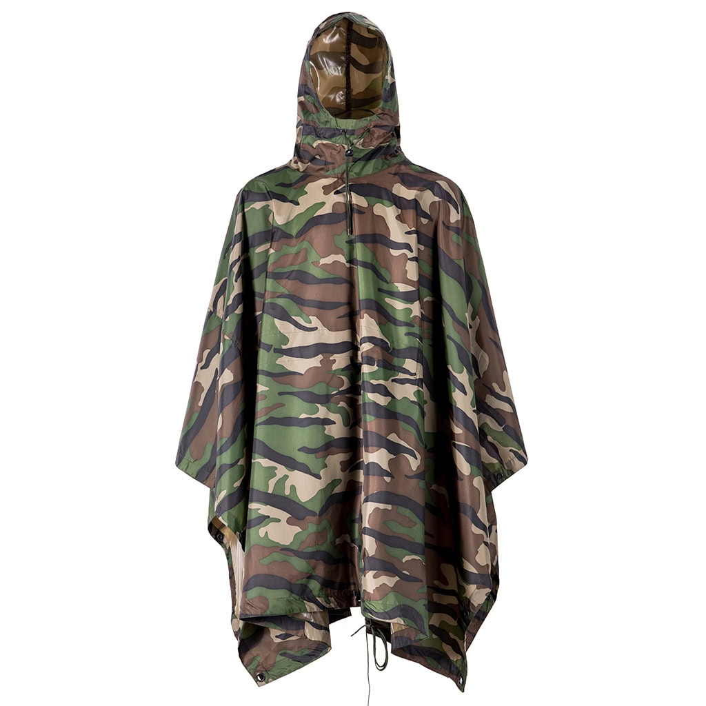 Front view of the custom Nepal camo military rain poncho with a large hood and snap-button sides.