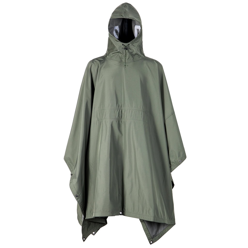 Front view of the custom olive green military rain poncho with a large hood and snap-button sides.