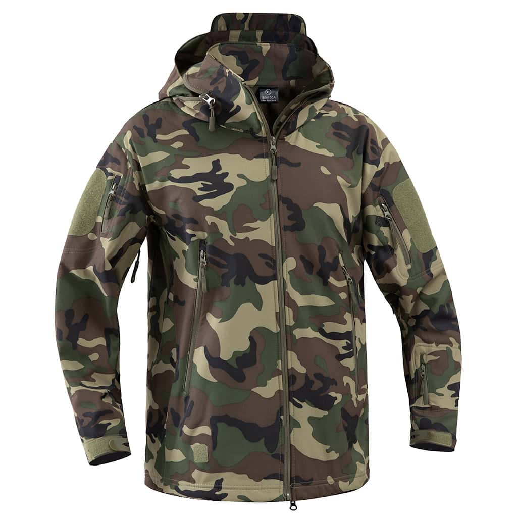 Front view of the custom woodland camo softshell jacket with a hood, velcro arm panels, and multiple zippered pockets.