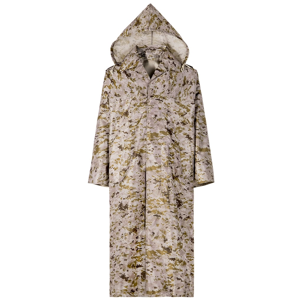 Front view of the custom digital desert military raincoat with a large hood and full-length coverage.