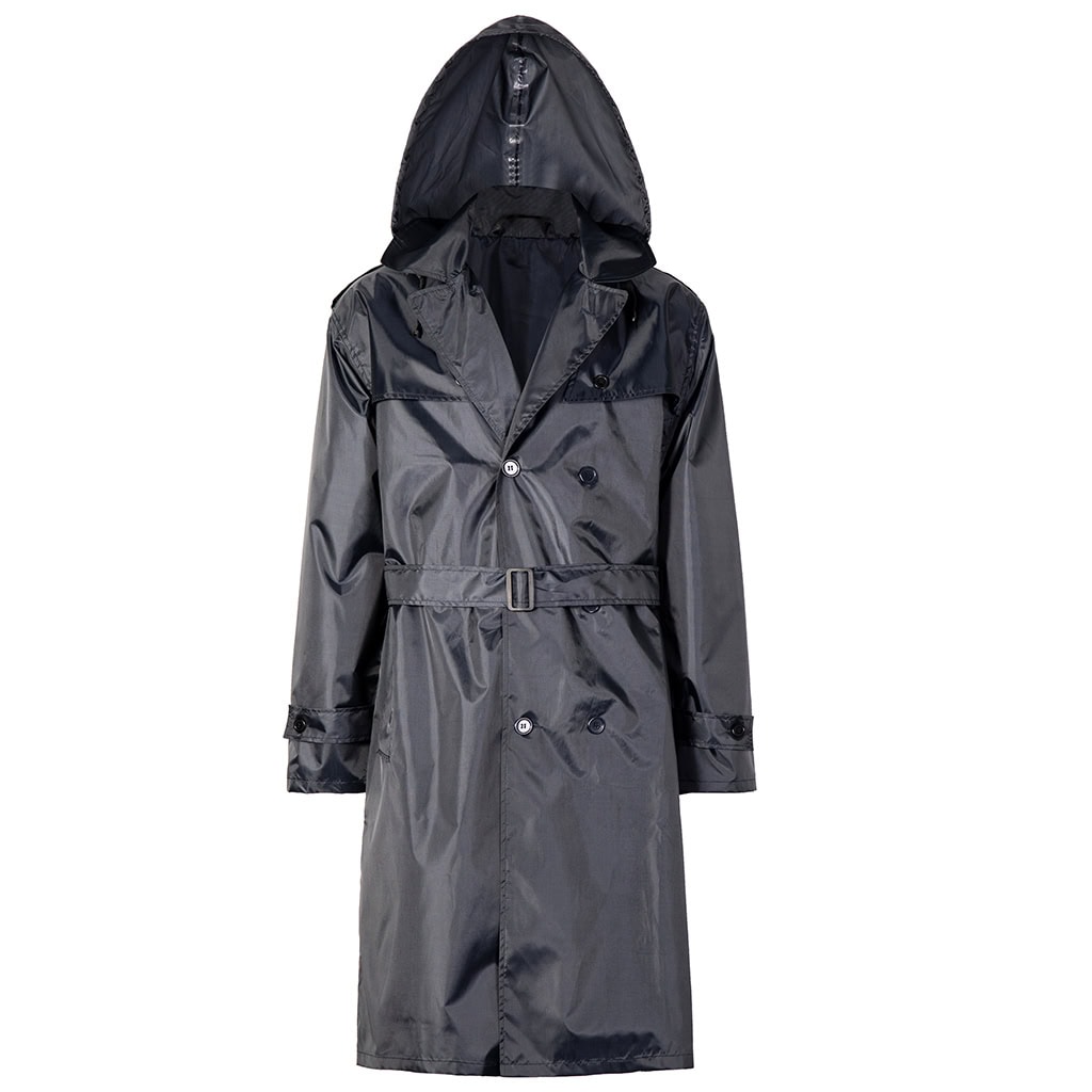 Front view of the custom navy blue waterproof trench coat with a detachable hood and belted waist.