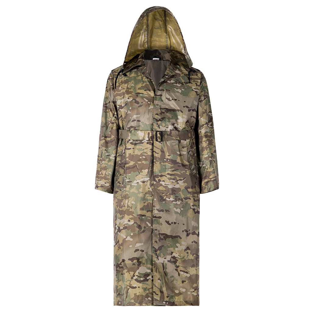 Front view of the custom CP camo waterproof long raincoat with a detachable hood and belted waist.
