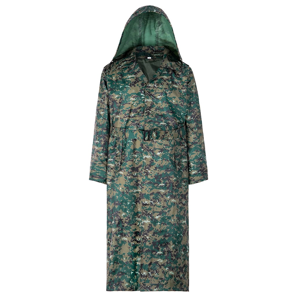 Front view of the custom jungle digital long raincoat with a large hood, belted waist, and single-breasted closure.