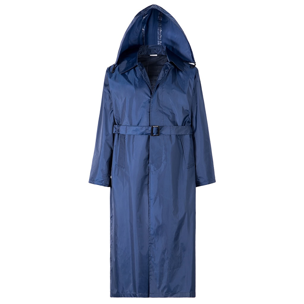 Front view of the custom navy blue waterproof long raincoat with a detachable hood and belted waist.