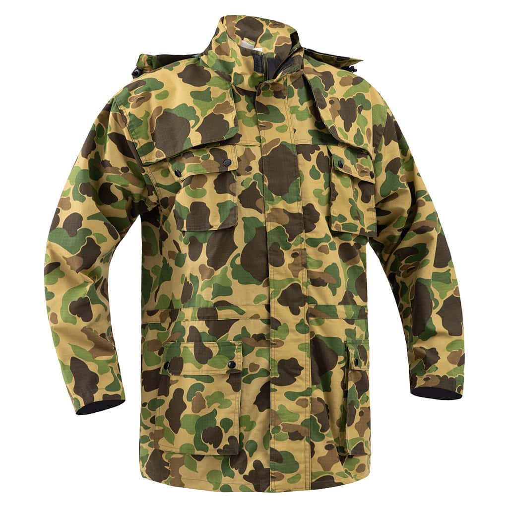 Front view of the custom duck hunter camo field jacket with a large hood and four front pockets.