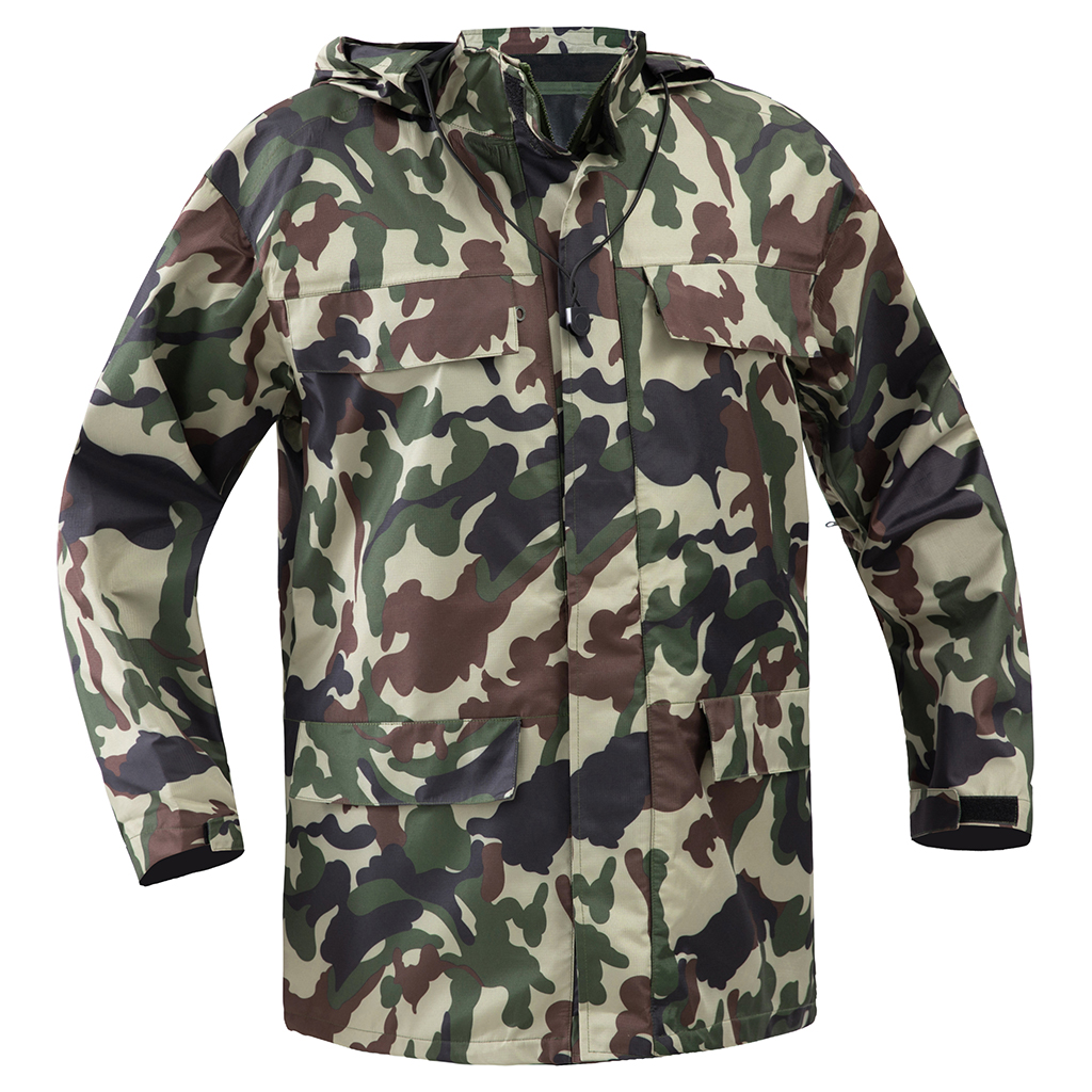 Front view of the custom woodland camo military rain poncho with a large hood and multiple pockets.