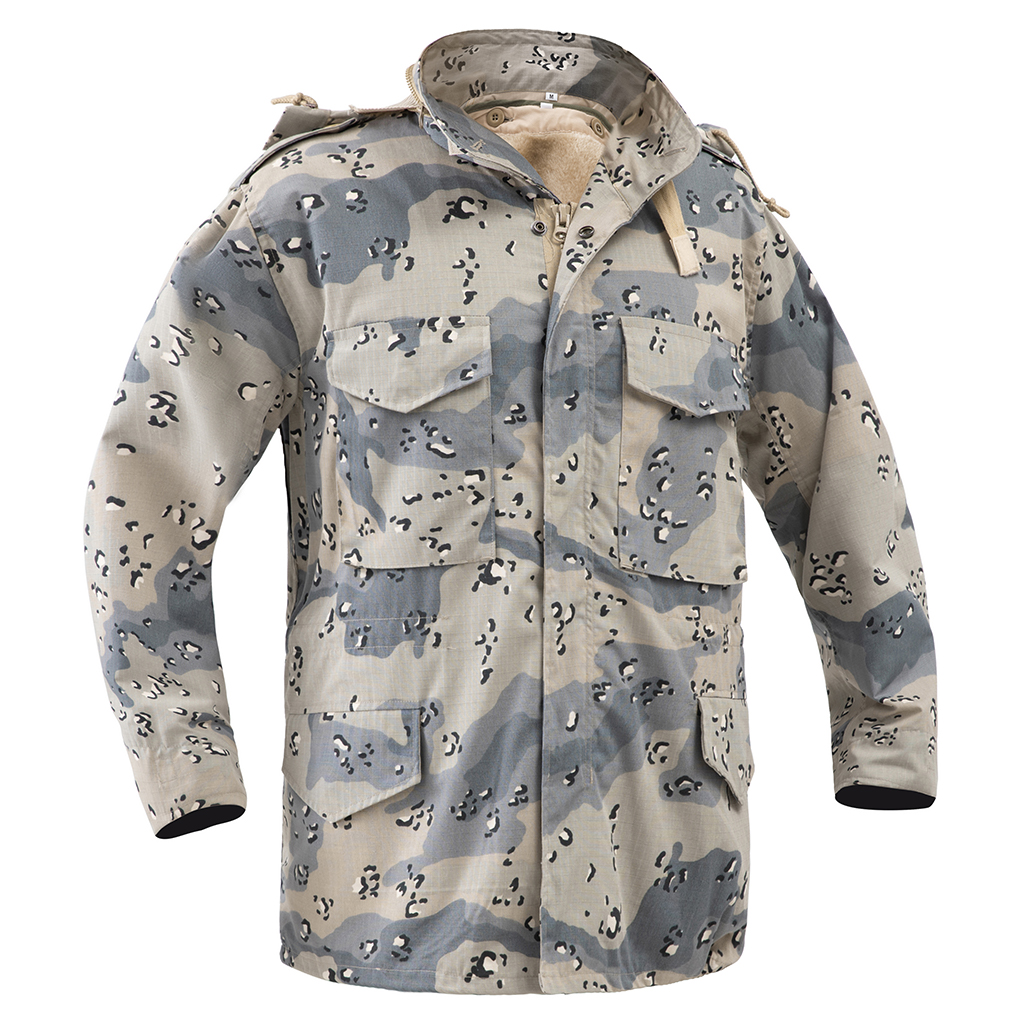 Front view of the custom Saudi 6-color desert M65 jacket with a stowable hood and four large front pockets.