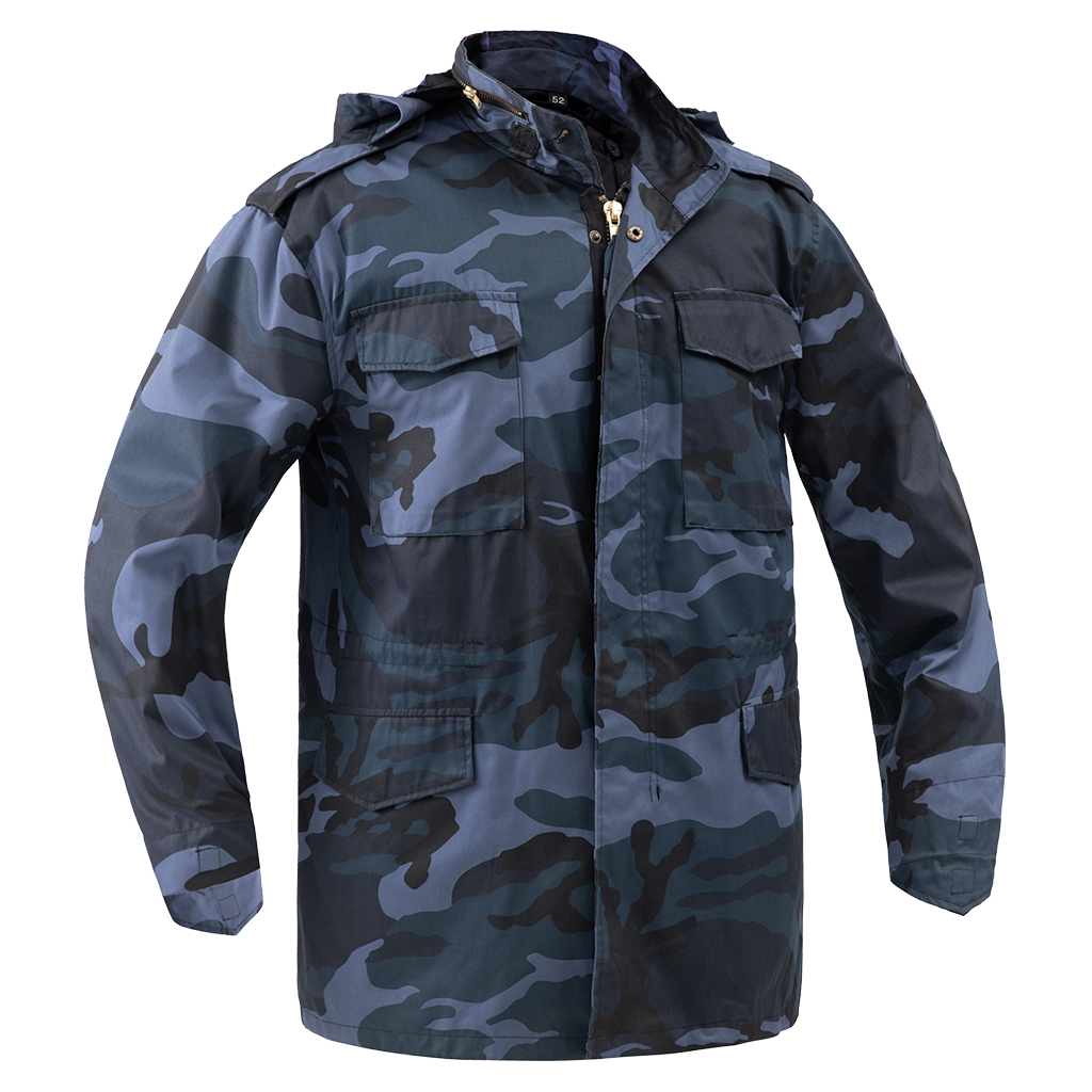 Front view of the custom midnight blue camo M65 jacket with a stowable hood and four large front pockets.