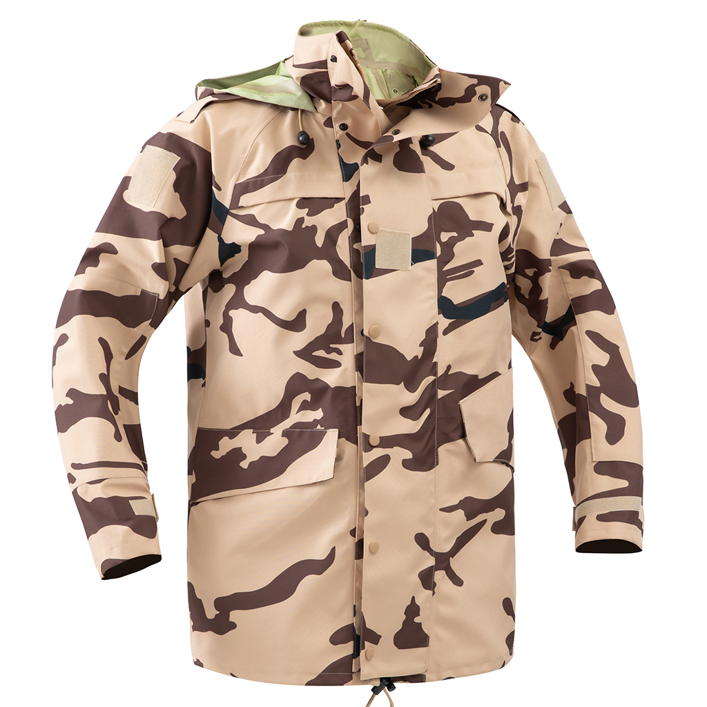 Front view of the custom Chad desert camo tactical jacket with a large hood and multiple pockets.