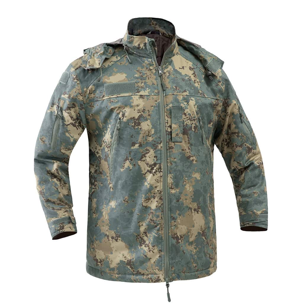 Front view of the custom Azerbaijan camo softshell jacket with a stowable hood and multiple zippered pockets.