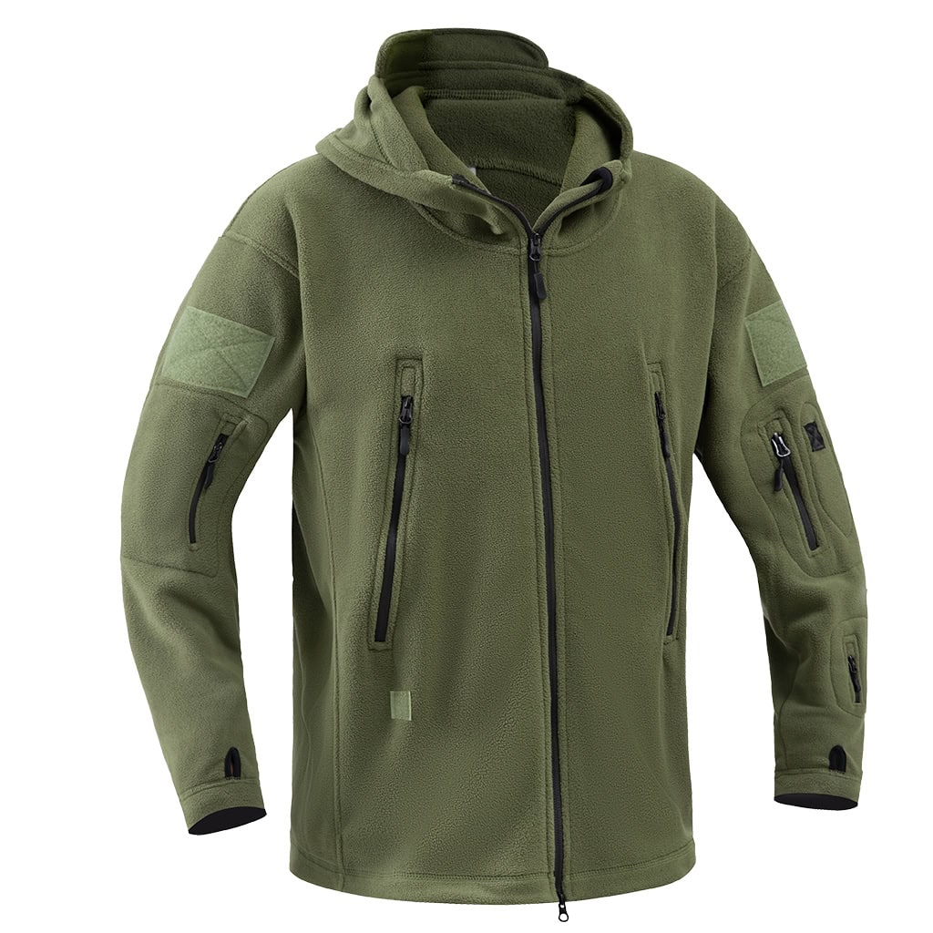 Front view of the custom olive green fleece tactical jacket with a hood, velcro arm panels, and multiple zippered pockets.