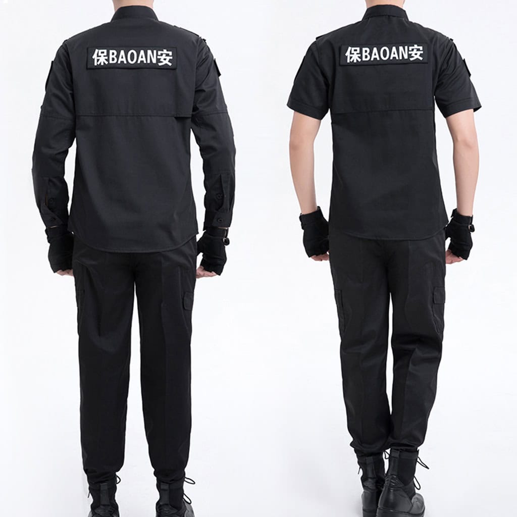 A back-view comparison of a security guard wearing the custom black security uniform in both long sleeve and short sleeve shirt versions with "BAOAN" printing.