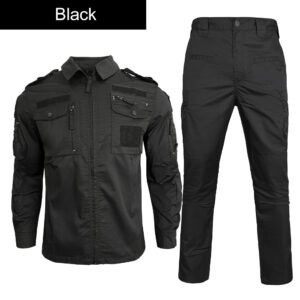Full set view of the custom tactical uniform in solid Black, including the long sleeve shirt and pants.