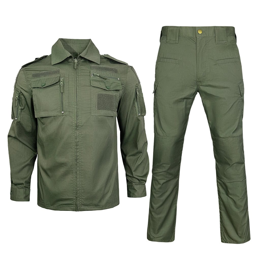 Full set view of the custom tactical uniform in solid Olive Green, including the long sleeve shirt and pants.