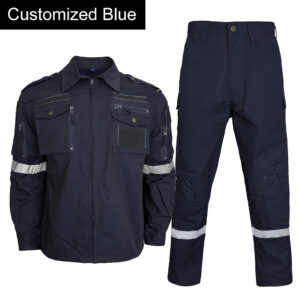 Full set view of the custom tactical work uniform in navy blue with high-visibility reflective stripes.
