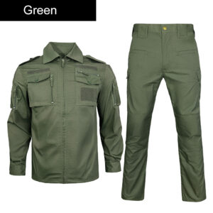 Full set view of the custom tactical uniform in solid Olive Green, including the long sleeve shirt and pants.