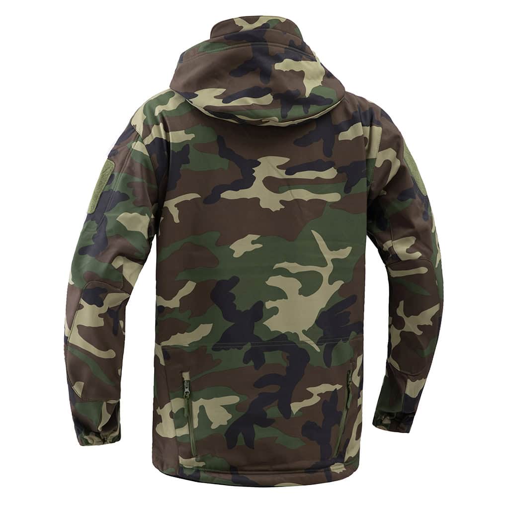 Back view of the custom woodland camo softshell jacket, showing the athletic cut and hooded design.