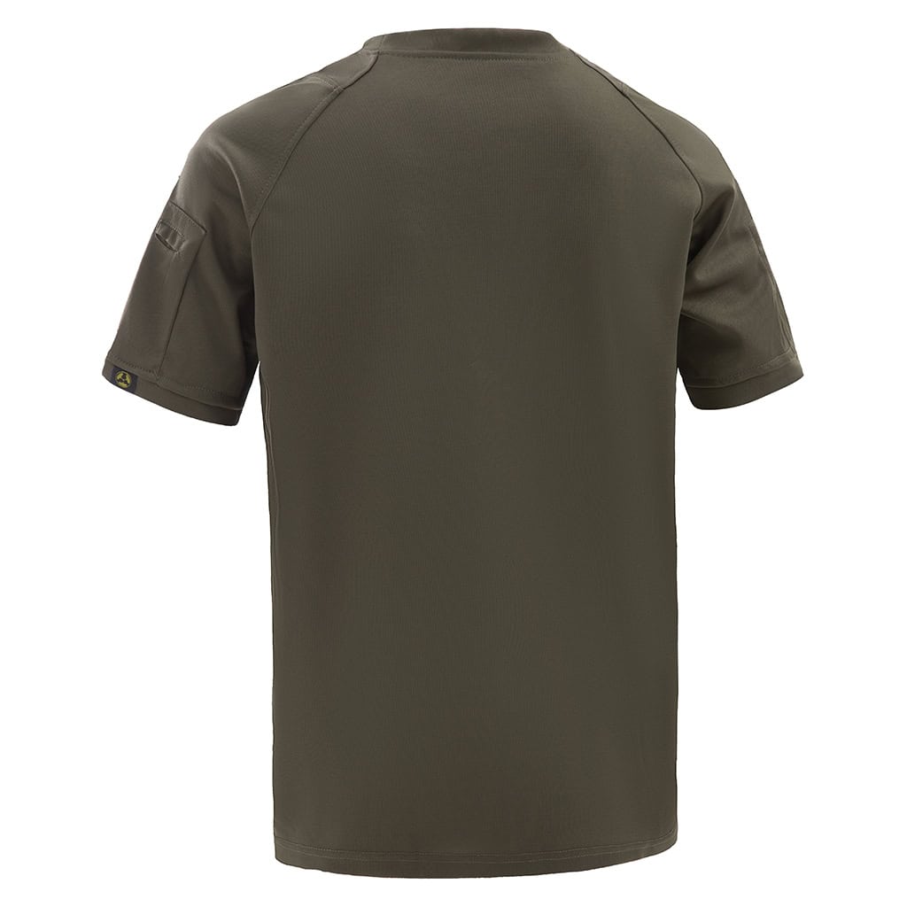 Back view of the custom olive green tactical t-shirt, showing the athletic cut and raglan sleeve design for mobility.