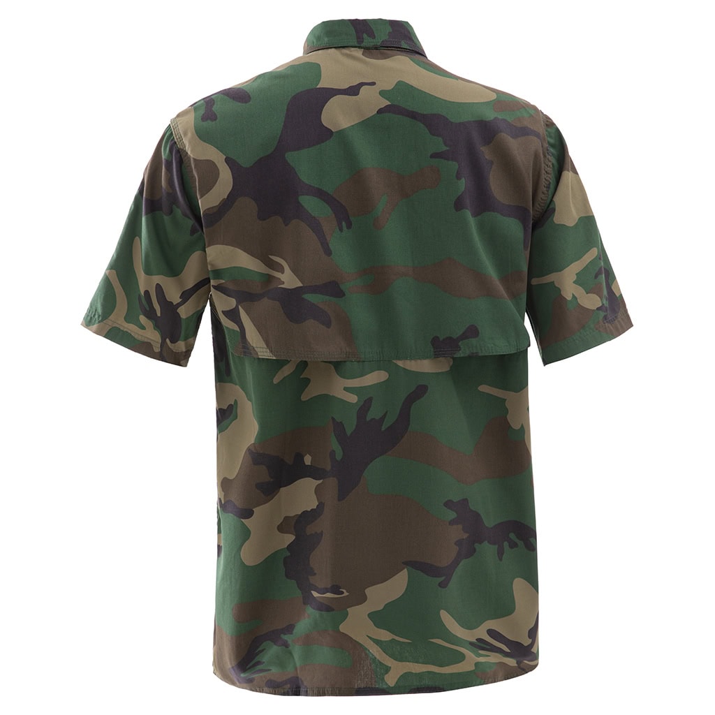 Back view of the custom woodland camo short sleeve BDU shirt, showing the clean design and breathable fabric.