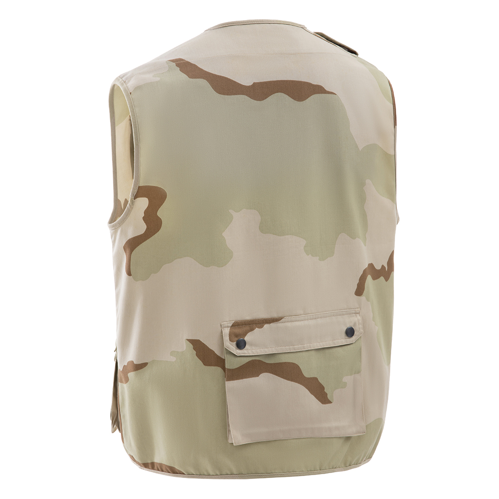 Back view of the custom tri-color desert tactical vest, showing the clean design and lightweight construction.