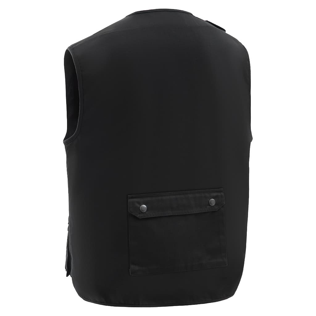 Back view of the custom black multi-pocket tactical vest, showing the clean design and adjustable side tabs.
