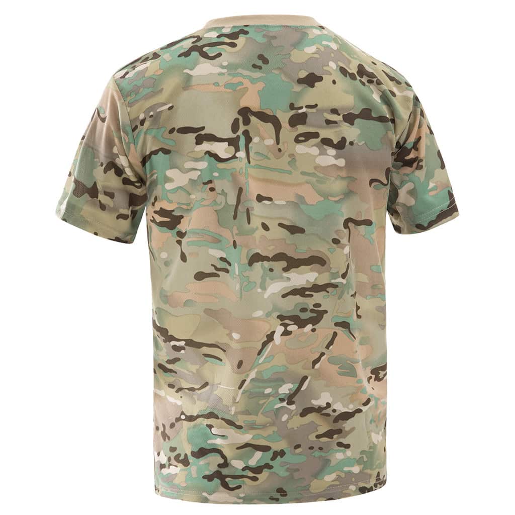 Back view of the custom CP camo quick-dry t-shirt, showing the athletic cut and breathable fabric.