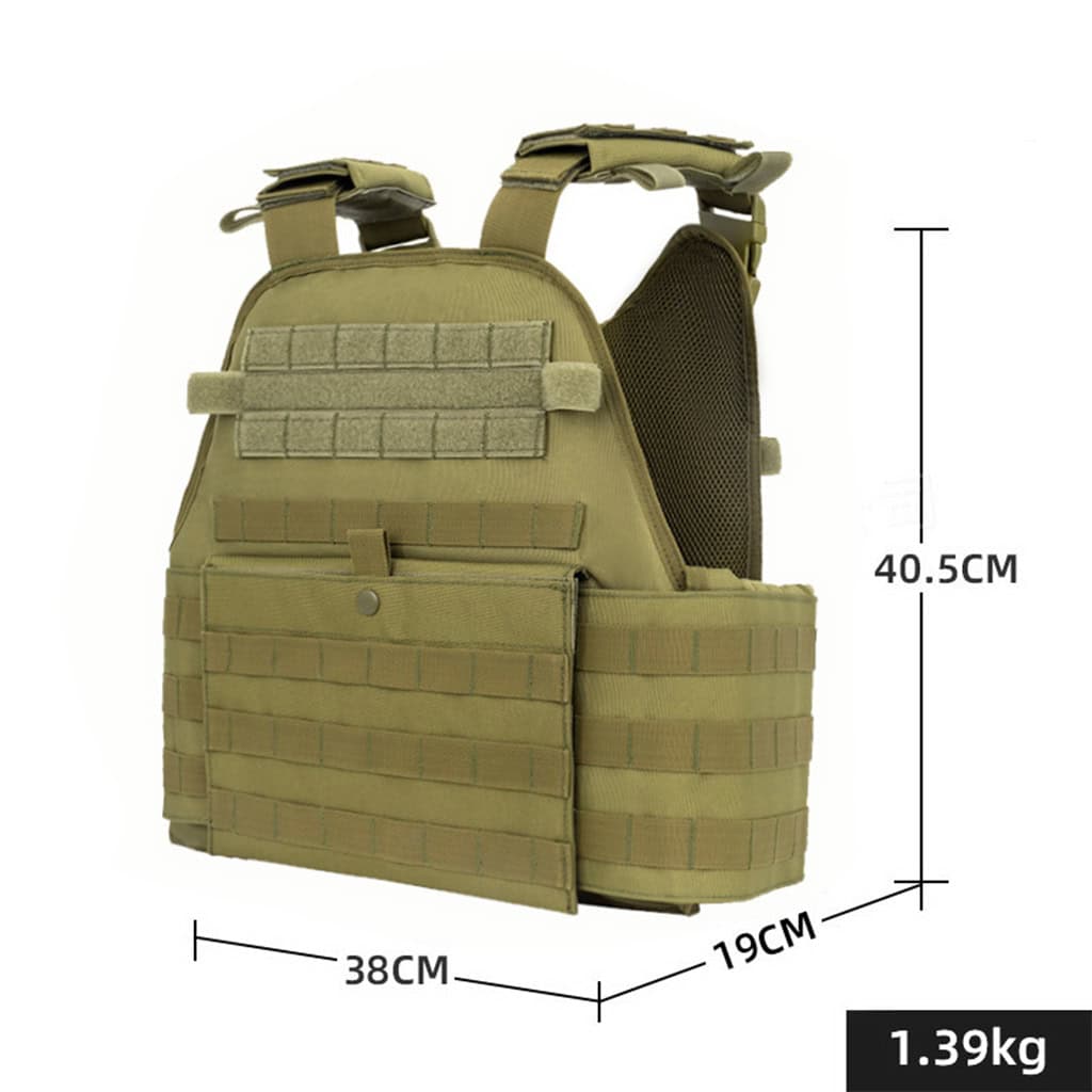 Angled side view of the custom tactical plate carrier vest in khaki, showing dimensions and weight.
