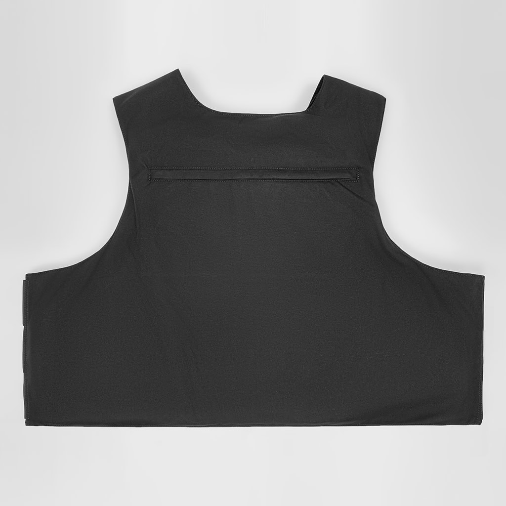 Back view of the custom black concealable body armor vest carrier, showing the clean design and zippered pocket.